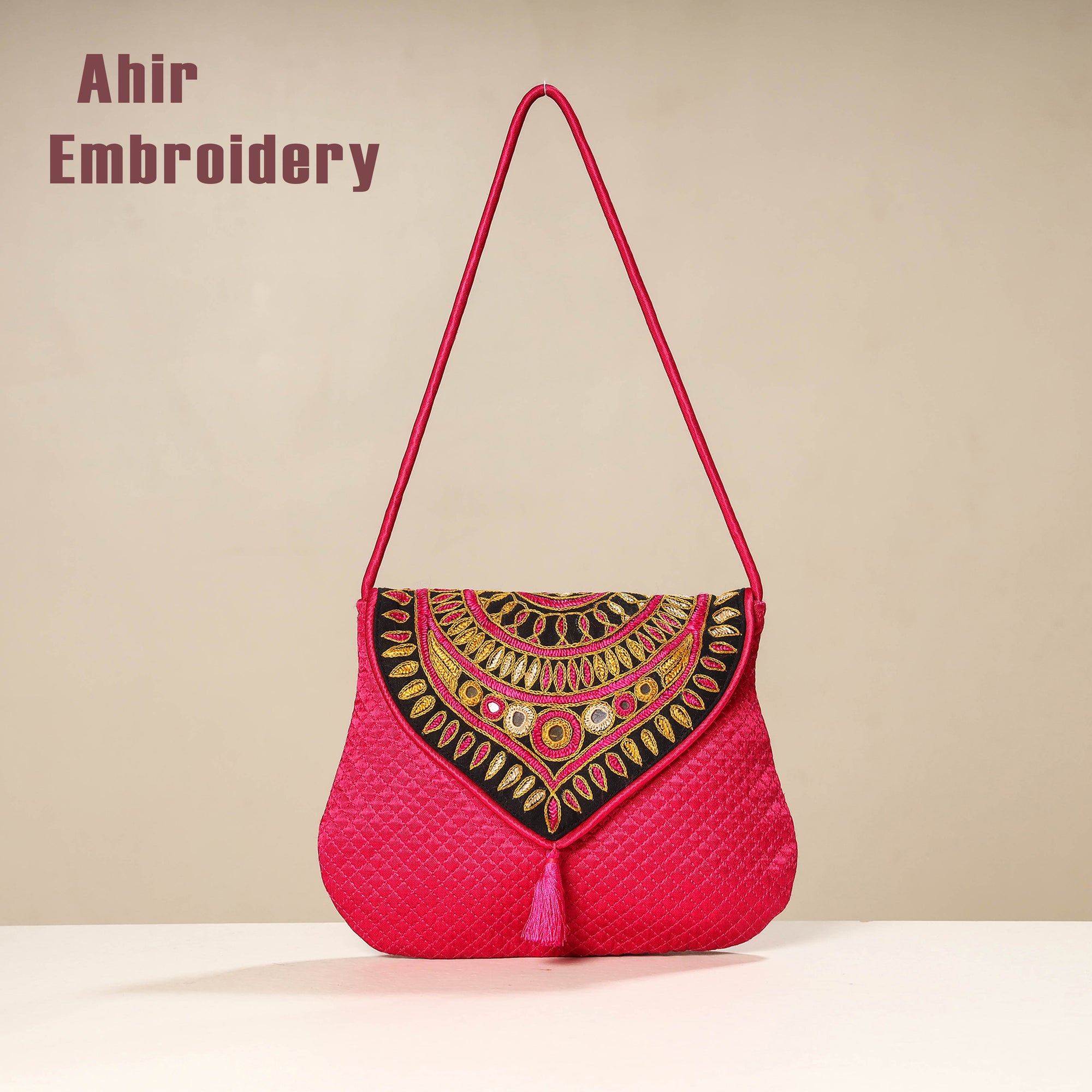 Pink Kutch Ahir Embroidery Mashru Silk Hand Bag
