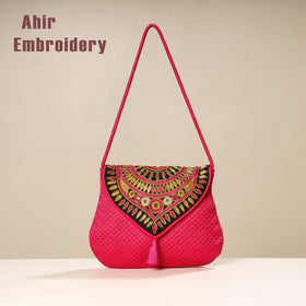 Pink Kutch Ahir Embroidery Mashru Silk Hand Bag