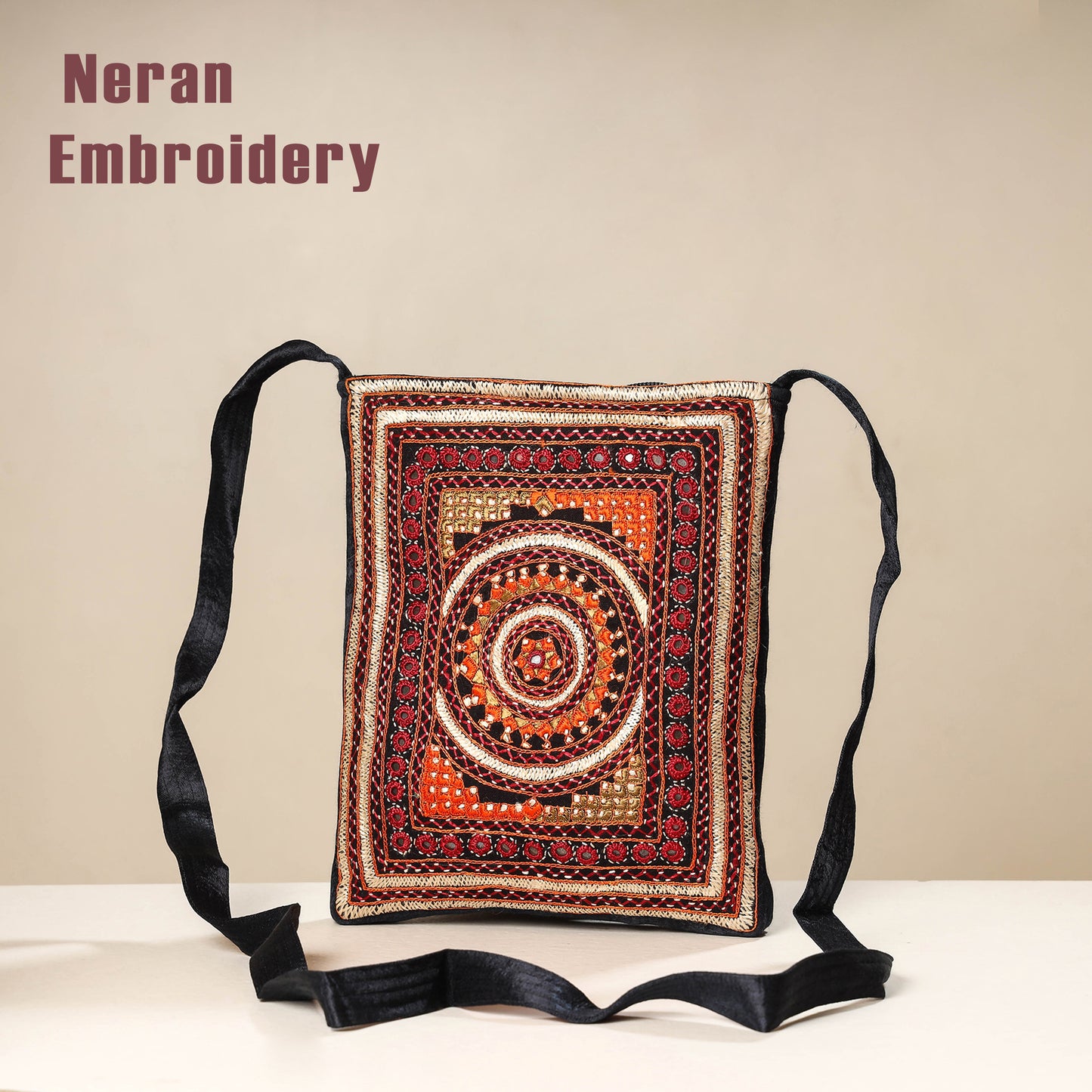 Black - Kutch Neran Embroidery Mashru Silk Sling Bag