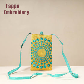 Yellow Kutch Tappo Embroidery Mashru Silk Mobile Sling Bag 