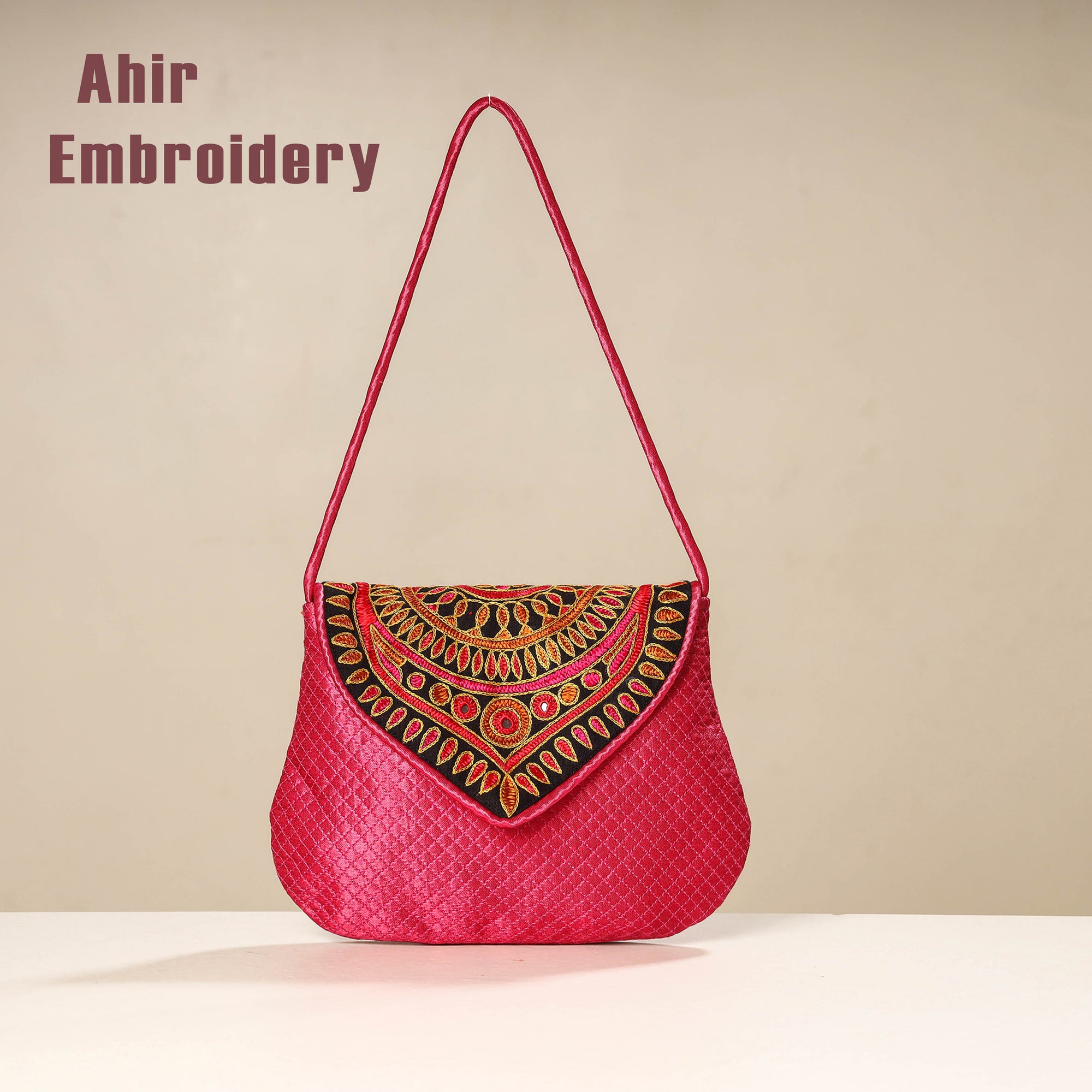 Pink Kutch Ahir Embroidery Mashru Silk Hand Bag