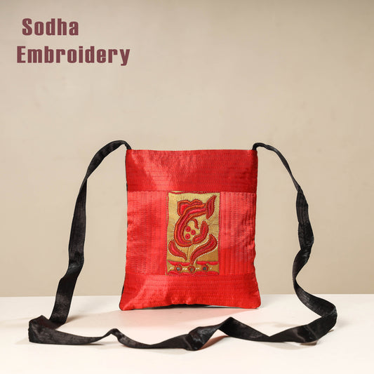Red - Kutch Sodha Embroidery Mashru Silk Sling Bag