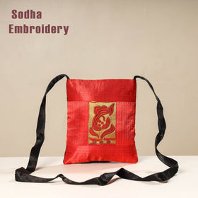 Red Kutch Sodha Embroidery Mashru Silk Sling Bag