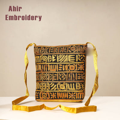 Yellow - Kutch Ahir Embroidery Mashru Cotton Sling Bag