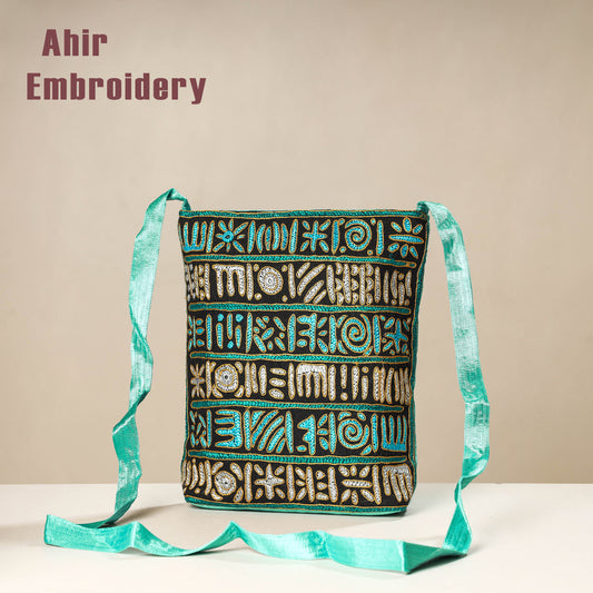 Blue - Kutch Ahir Embroidery Mashru Cotton Sling Bag