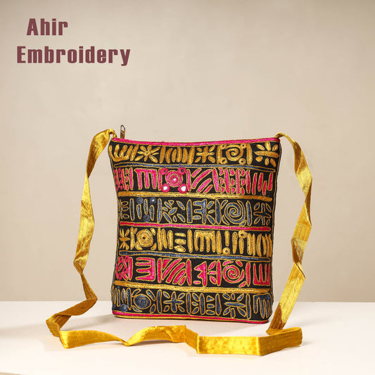 Yellow - Kutch Ahir Embroidery Mashru Cotton Sling Bag