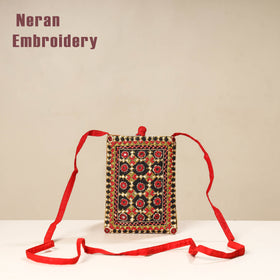 Orange Kutch Neran Embroidery Mashru Silk Mobile Sling Bag 