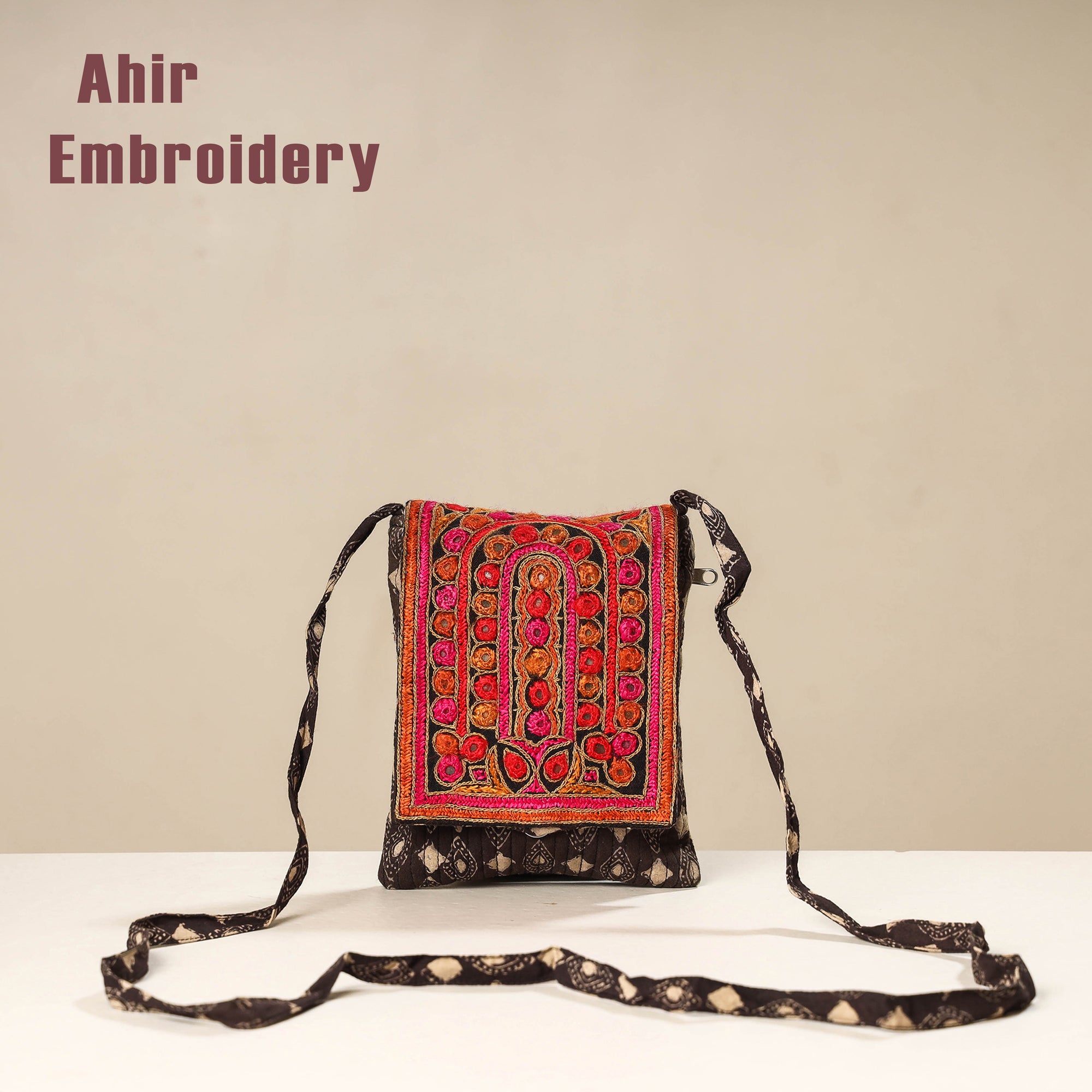 Multicolor Kutch Ahir Embroidery Ajrakh Cotton Sling Bag