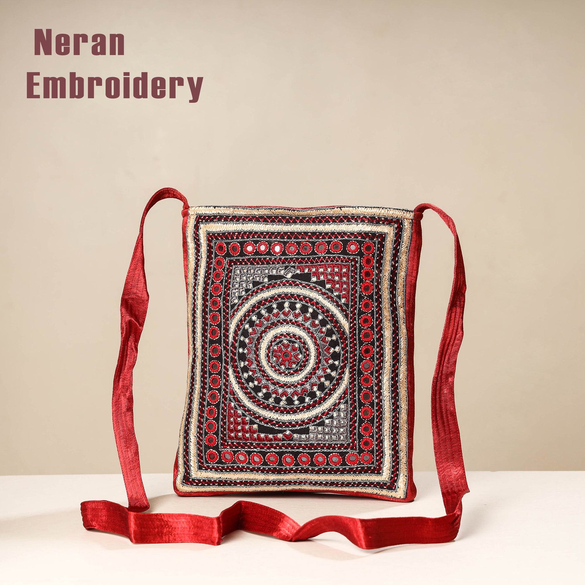 Red Kutch Neran Hand Embroidery Mashru Silk Sling Bag