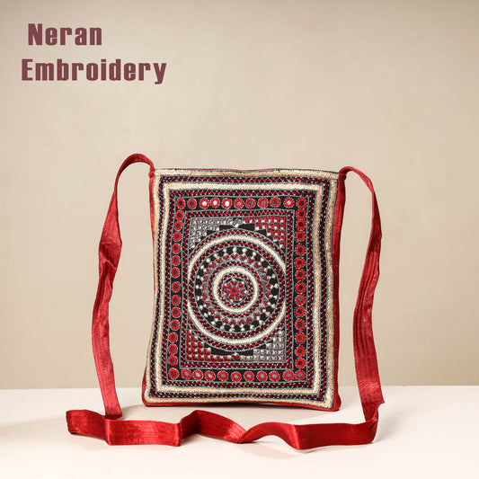 Red - Kutch Neran Embroidery Mashru Silk Sling Bag