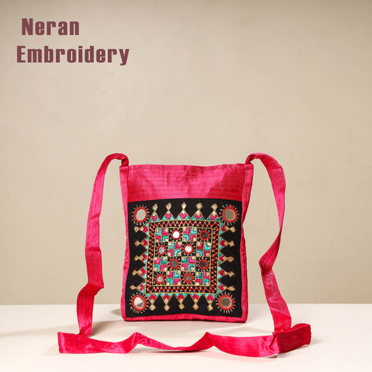 Pink - Kutch Neran Embroidery Mashru Silk Sling Bag