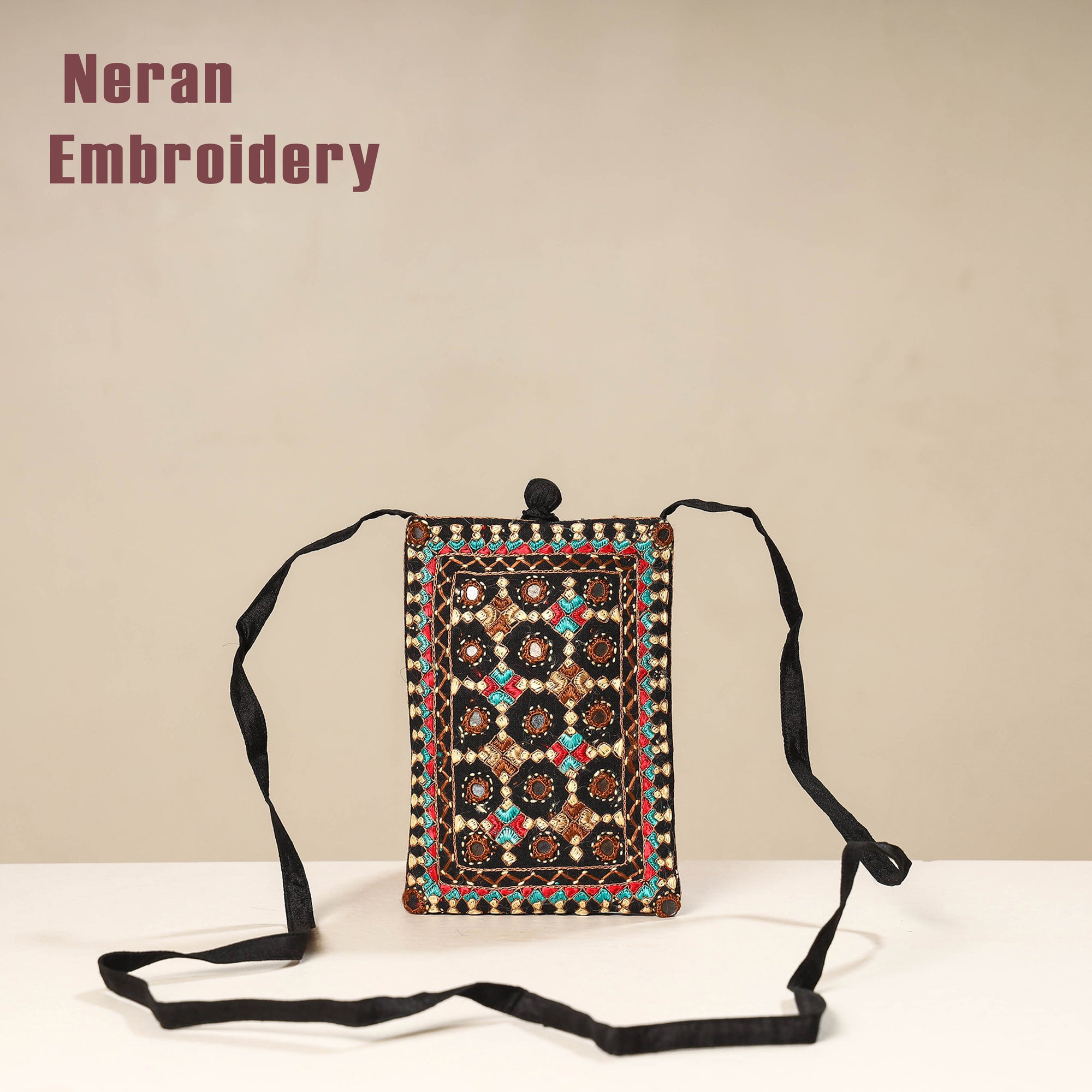 Multicolor Kutch Neran Embroidery Mashru Silk Mobile Sling Bag 