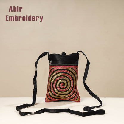 Black - Kutch Ahir Embroidery Mashru Silk Sling Bag