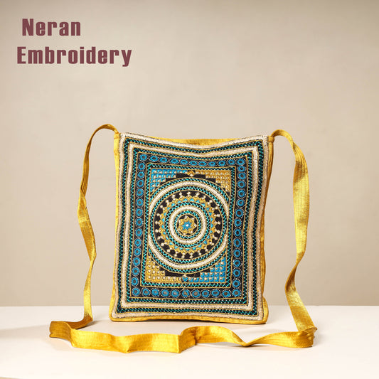 Yellow - Kutch Neran Embroidery Mashru Silk Sling Bag