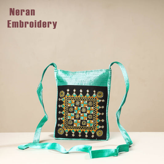 Blue - Kutch Neran Embroidery Mashru Silk Sling Bag