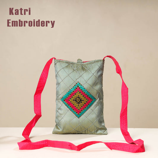 Grey - Kutch Katri Embroidery Silk Sling Bag