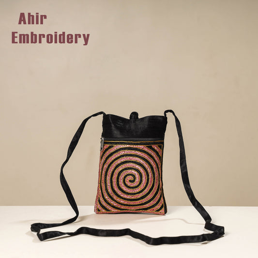 Black - Kutch Ahir Embroidery Mashru Silk Sling Bag