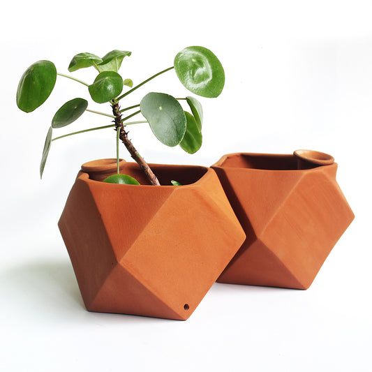 Handcrafted Terracotta D'MOND-1 Planter with Deep Root Watering System (Set of 2)