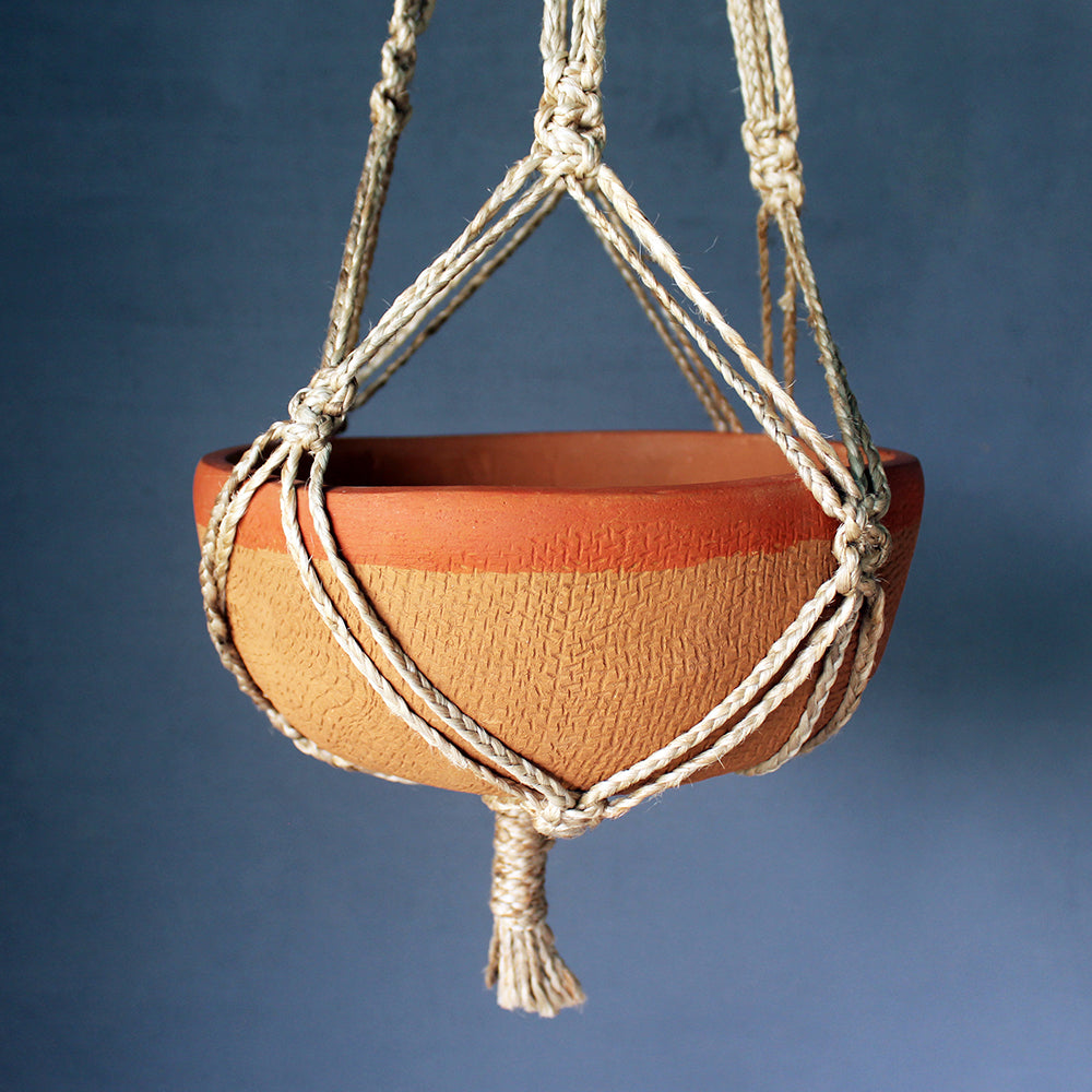 Handcrafted Terracotta Shallow Planter with Jute Macrame Hanger