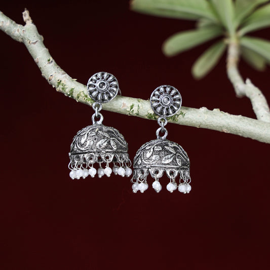 Special Oxidised Brass Base Antique Silver Finish Jhumki Earrings