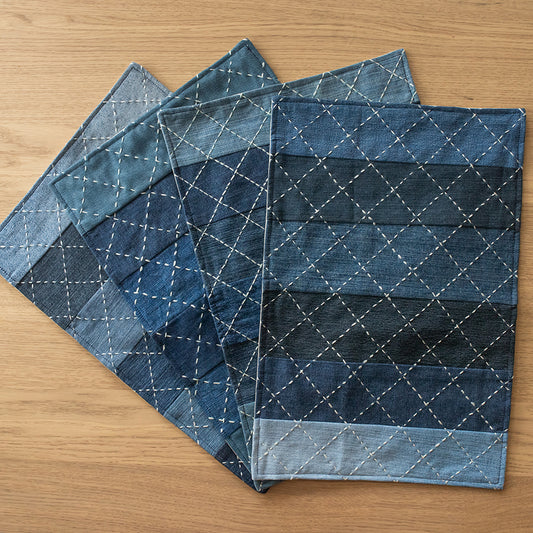 Hand Embroidered Upcycled Jeans Table Mats (Set of 4) - Criss Cross