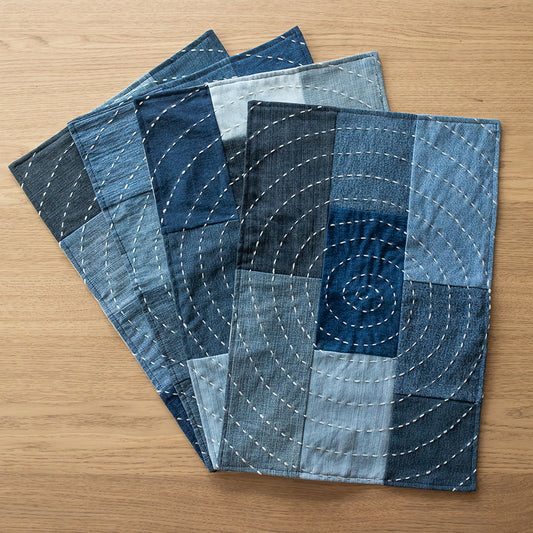 Hand Embroidered Upcycled Jeans Table Mats (Set of 4) - Spiral