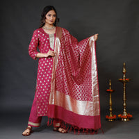 Dark Pink Banarasi Silk Zari Work Kurta with Palazzo & Dupatta Set