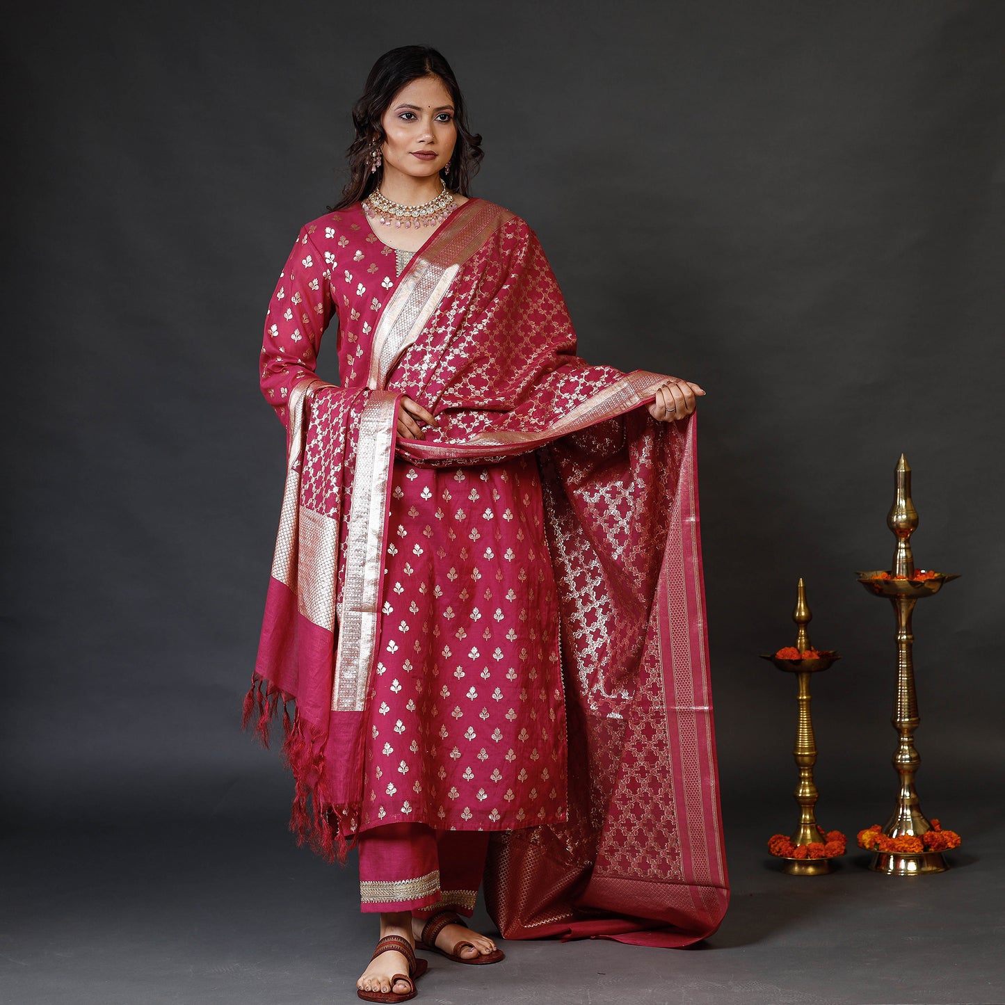 Dark Pink Banarasi Silk Zari Work Kurta with Palazzo & Dupatta Set