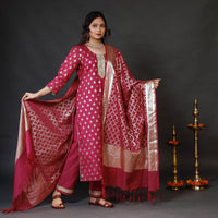 Dark Pink Banarasi Silk Zari Work Kurta with Palazzo & Dupatta Set