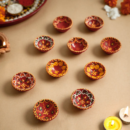 Diwali Decor Handpainted Clay Diyas (Set of 10) (Assorted)