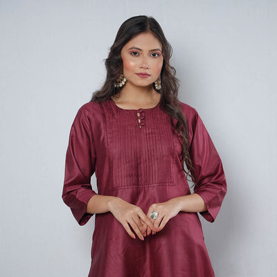 Pintuck Tussar Silk Plain Kurta