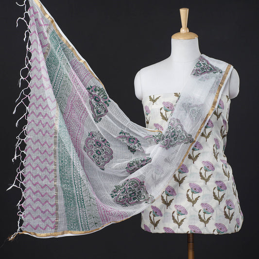 White - 2pc Sanganeri Block Printed Handwoven Kutch Woolen Suit Material with Kota Doria Cotton Dupatta