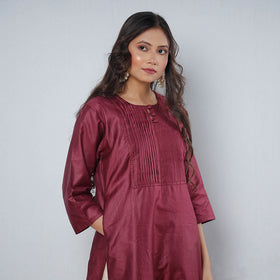  Brownish Purple - Pintuck Tussar Silk Plain Long Straight Kurta 
