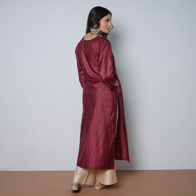  Brownish Purple - Pintuck Tussar Silk Plain Long Straight Kurta 