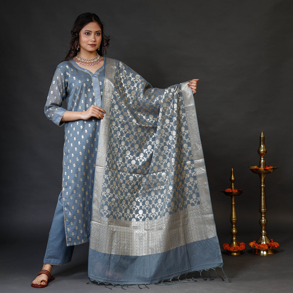 Slate Grey - Banarasi Silk Zari Work Kurta with Palazzo & Dupatta Set