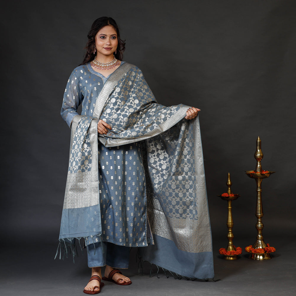 Slate Grey - Banarasi Silk Zari Work Kurta with Palazzo & Dupatta Set