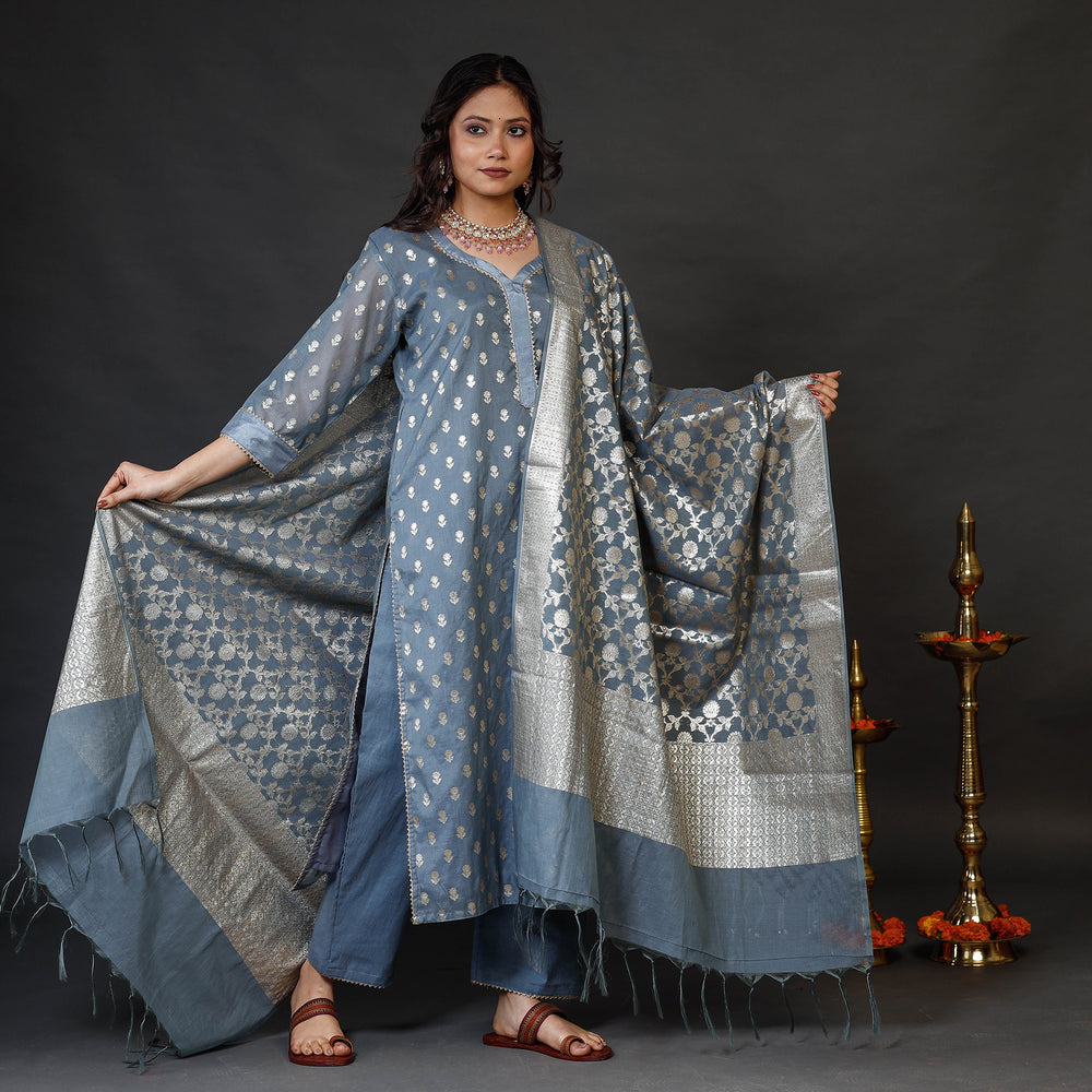 Slate Grey - Banarasi Silk Zari Work Kurta with Palazzo & Dupatta Set