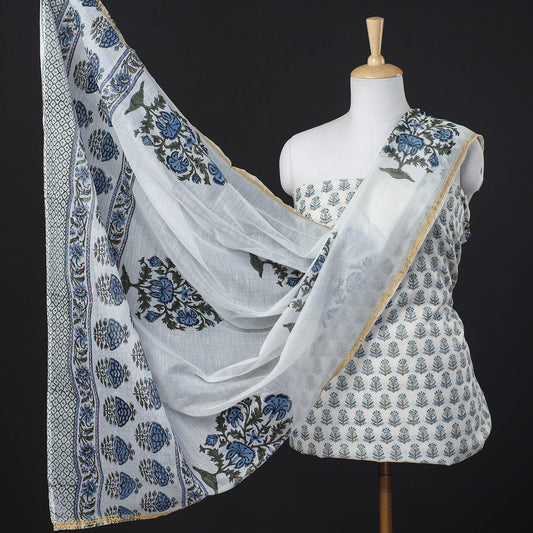 White - 2pc Sanganeri Block Printed Handwoven Kutch Woolen Suit Material with Silk Cotton Dupatta