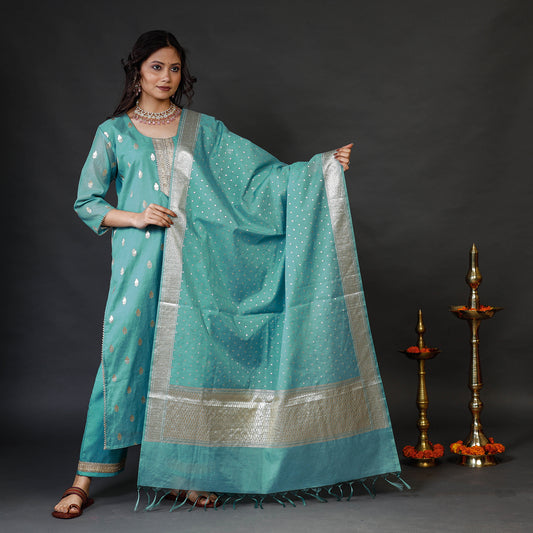 Aqua Green Banarasi Silk Zari Work Kurta with Palazzo & Dupatta Set