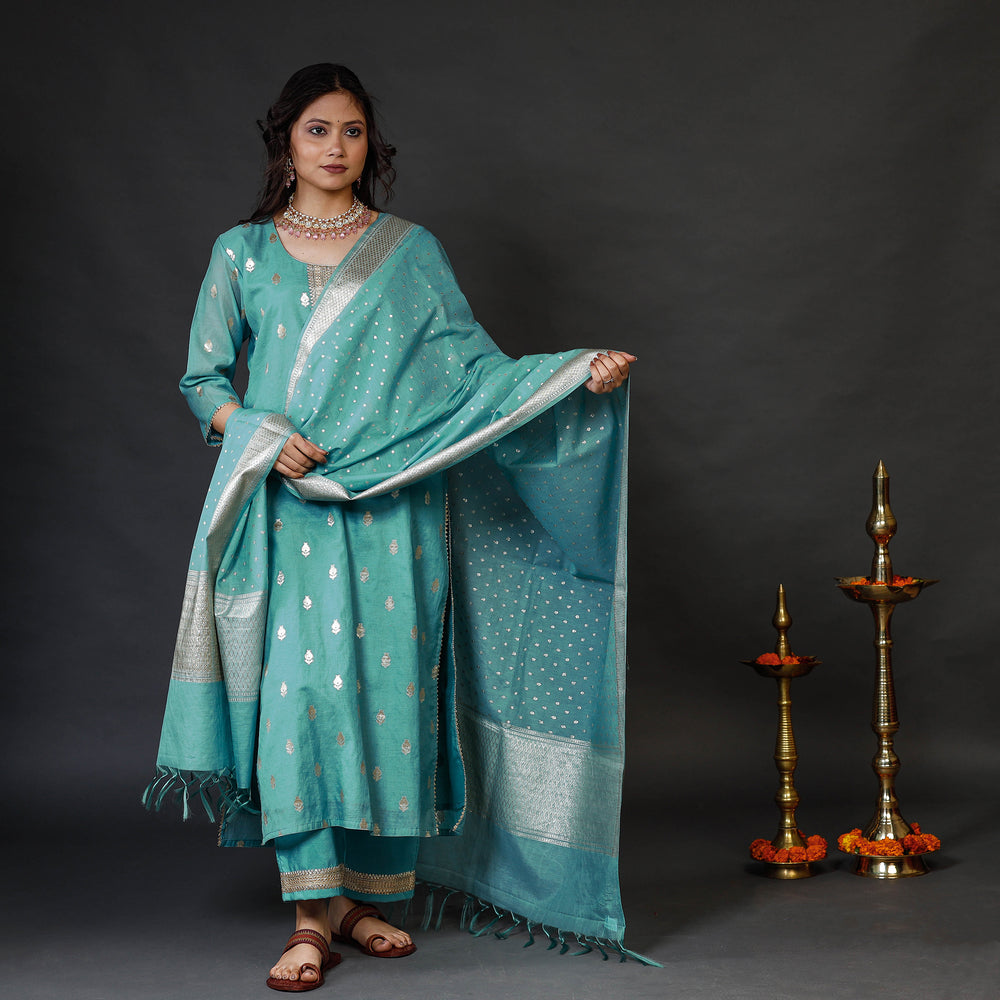 Aqua Green Banarasi Silk Zari Work Kurta with Palazzo & Dupatta Set