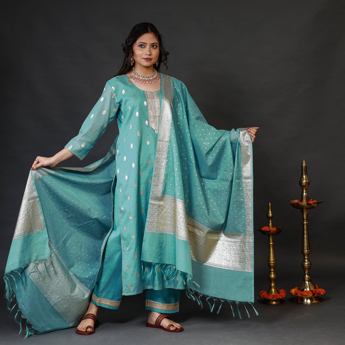 Aqua Green Banarasi Silk Zari Work Kurta with Palazzo & Dupatta Set