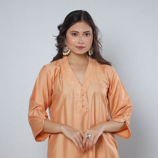 Orange - Muskmelon Tussar Silk Plain Long Kurta