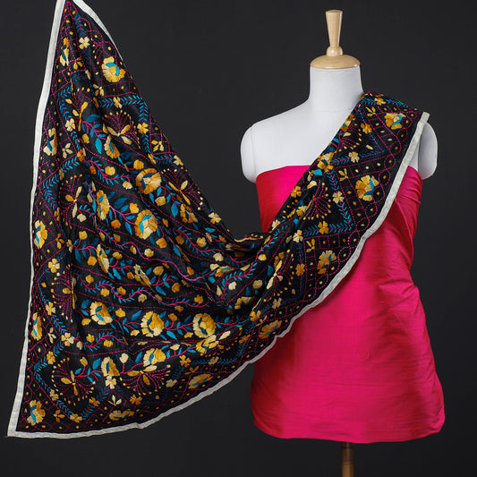Pink - 2pc Pure Dupion Silk Handloom Suit Material with Ranihati Chanderi Silk Chapa Work Tagai Phulkari Embroidery Dupatta