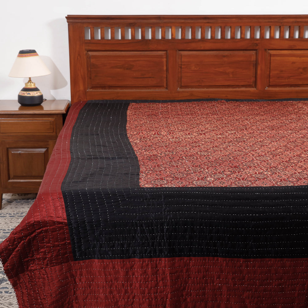 Maroon - Reversible Ajrakh Patch & Tagai Work Mashru Silk Double Bed Cover / Quilt (102 x 84 in)