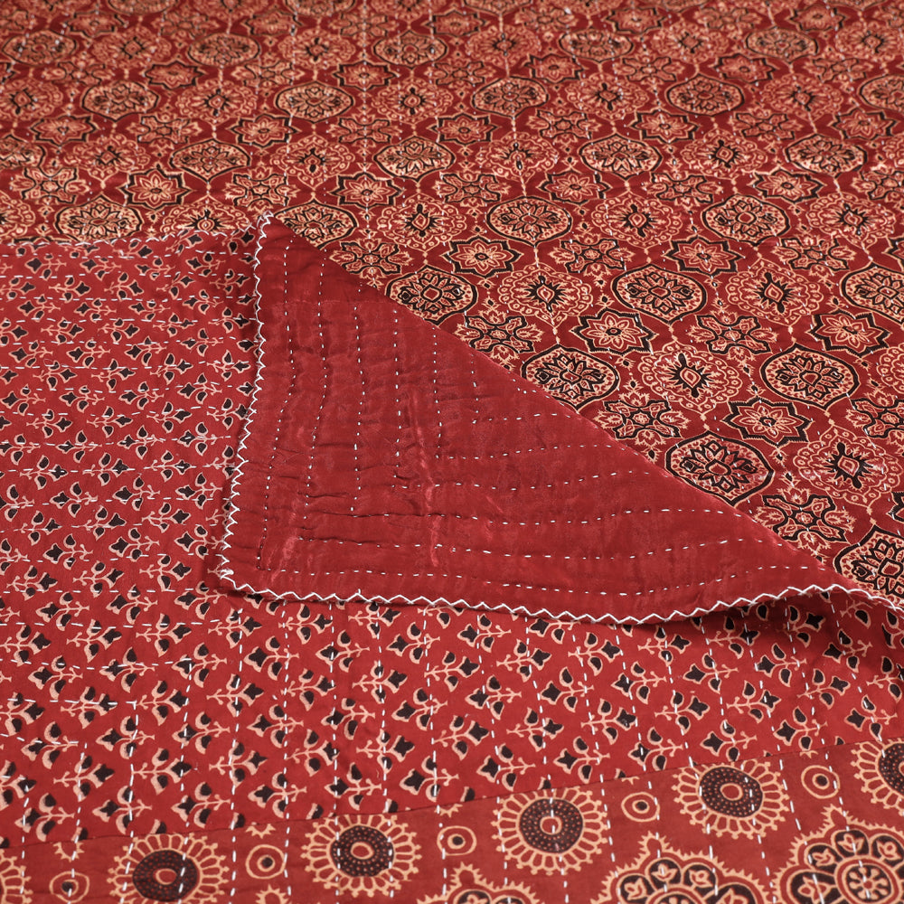 Maroon - Reversible Ajrakh Patch & Tagai Work Mashru Silk Double Bed Cover / Quilt (102 x 84 in)