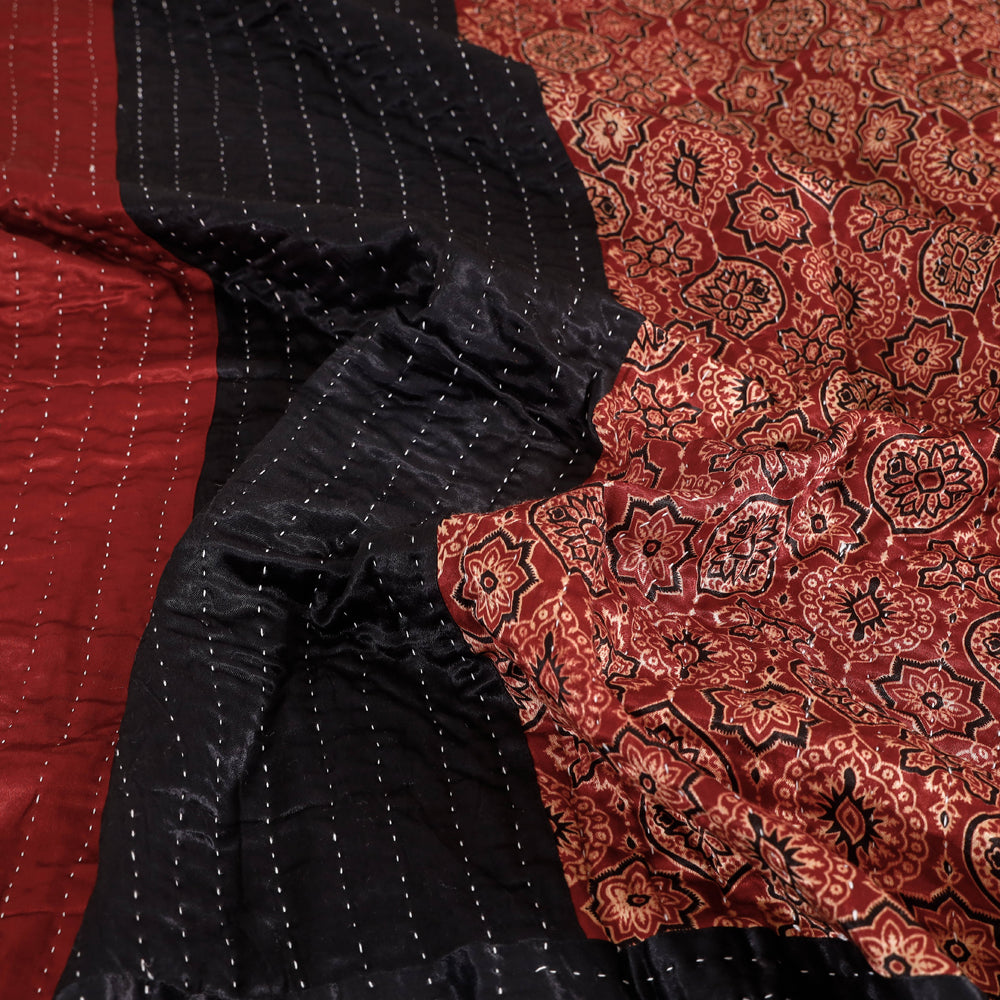 Maroon - Reversible Ajrakh Patch & Tagai Work Mashru Silk Double Bed Cover / Quilt (102 x 84 in)