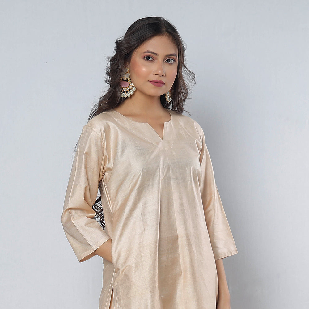 Buy Cream - Tussar Silk Plain Long Straight Kurta for Women