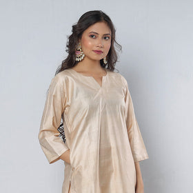 Buy Cream - Tussar Silk Plain Long Straight Kurta for Women