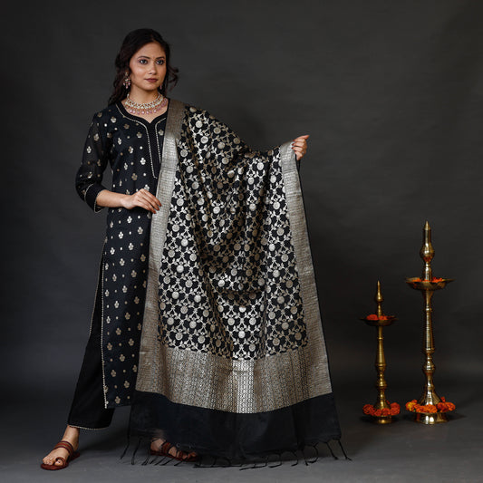 Black Banarasi Silk Zari Work Kurta with Palazzo & Dupatta Set