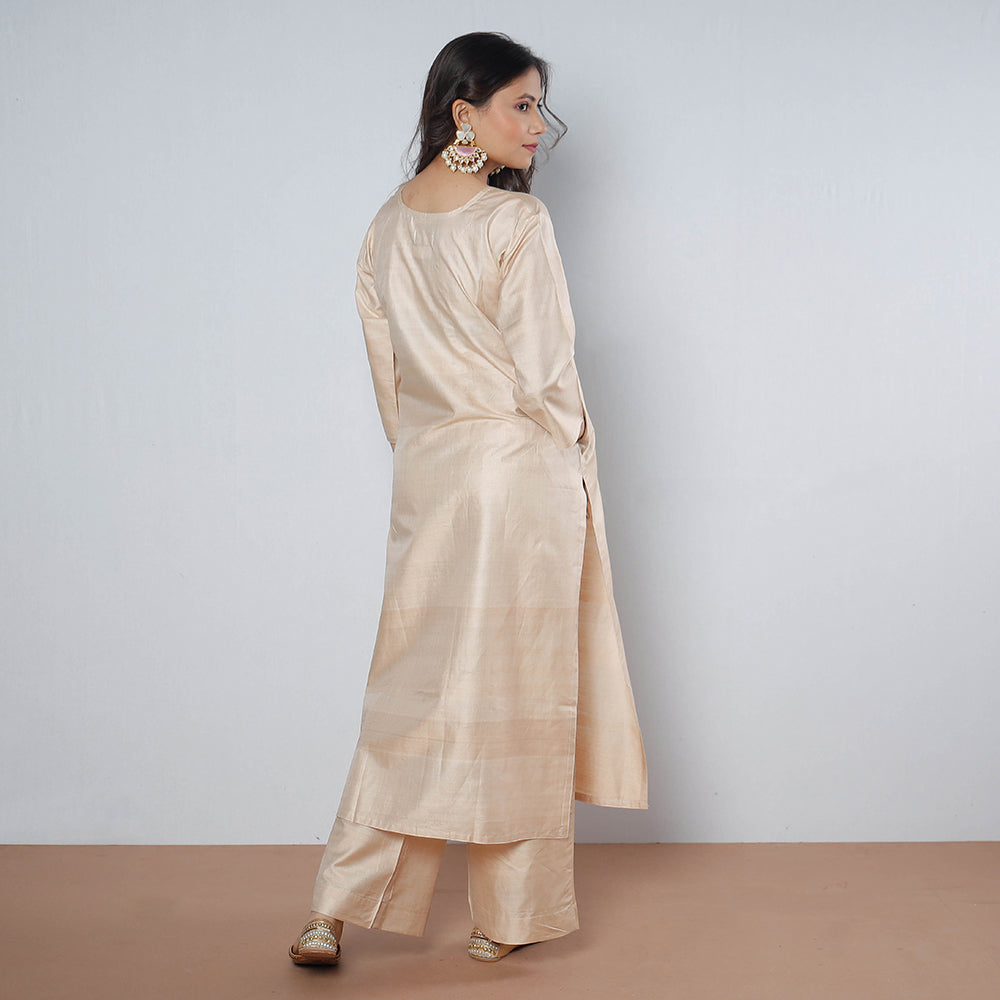 Buy Cream - Tussar Silk Plain Long Straight Kurta for Women